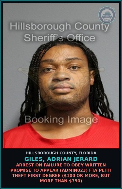 CCW arrest card for GILES, ADRIAN JERARD in Hillsborough County: ARREST ON FAILURE TO OBEY WRITTEN PROMISE TO APPEAR (ADMIN023) FTA PETIT THEFT FIRST DEGREE ($100 OR MORE, BUT MORE THAN $750)
