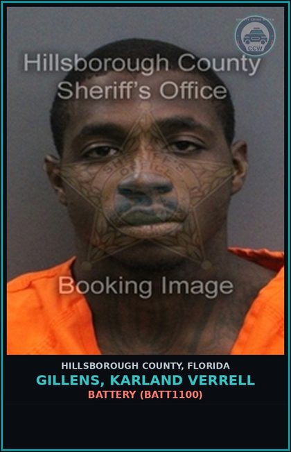 CCW arrest card for GILLENS, KARLAND VERRELL in Hillsborough County: CRIMINAL MISCHIEF (MORE THAN $200, LESS THAN $1,000) (CRMS2000)