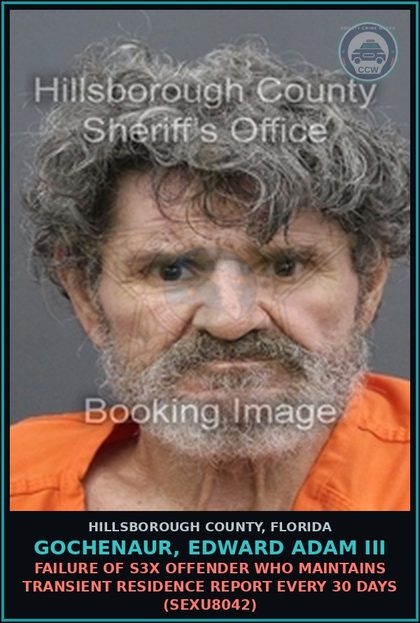 CCW arrest card for GOCHENAUR, EDWARD ADAM III in Hillsborough County: FAILURE OF s3x OFFENDER WHO MAINTAINS TRANSIENT RESIDENCE REPORT EVERY 30 DAYS (SEXU8042)