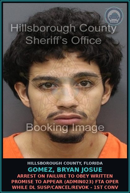 CCW arrest card for GOMEZ, BRYAN JOSUE in Hillsborough County: ARREST ON FAILURE TO OBEY WRITTEN PROMISE TO APPEAR (ADMIN023) FTA OPER WHILE DL SUSP/CANCEL/REVOK - 1ST CONV