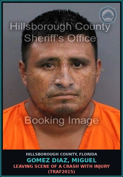CCW arrest card for GOMEZ DIAZ, MIGUEL in Hillsborough County: LEAVING SCENE OF A CRASH WITH INJURY (TRAF2015)