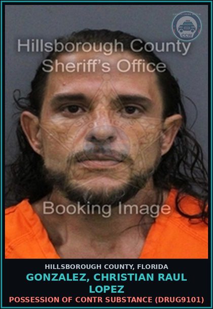 CCW arrest card for GONZALEZ, CHRISTIAN RAUL LOPEZ in Hillsborough County: POSSESSION OF contr substance (DRUG9101)