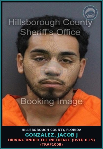 CCW arrest card for GONZALEZ, JACOB J in Hillsborough County: DRIVING UNDER THE INFLUENCE (OVER 0.15) (TRAF1009)