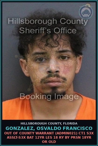 CCW arrest card for GONZALEZ, OSVALDO FRANCISCO in Hillsborough County: OUT OF COUNTY WARRANT (ADMIN021) CT1 s3x ASSLT-s3x BAT 12YR LES 18 RY BY PRSN 18YR OR OLD