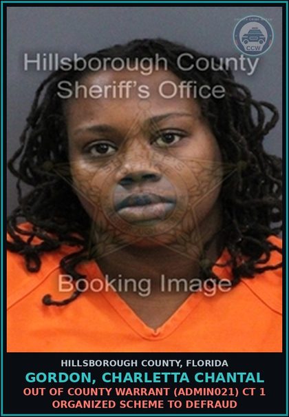 CCW arrest card for GORDON, CHARLETTA CHANTAL in Hillsborough County: OUT OF COUNTY WARRANT (ADMIN021) CT 1 USE ID OTHER WO CONSENT