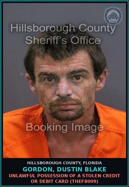 CCW arrest card for GORDON, DUSTIN BLAKE in Hillsborough County: OBSTRUCTION BY DISGUISED PERSON (COPS2050)