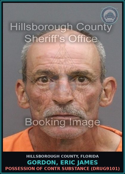 CCW arrest card for GORDON, ERIC JAMES in Hillsborough County: POSSESSION OF contr substance (DRUG9101)