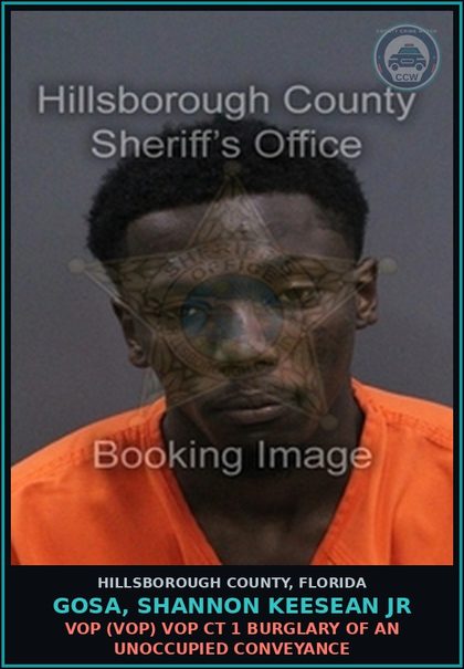 CCW arrest card for GOSA, SHANNON KEESEAN JR in Hillsborough County: VOP (VOP) VOP CT 1 BURGLARY OF AN UNOCCUPIED CONVEYANCE