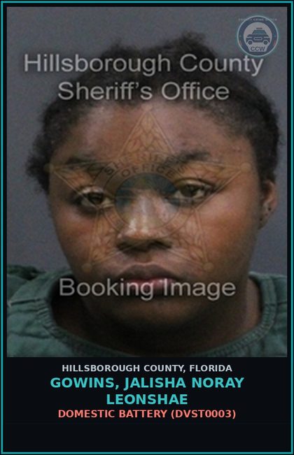 CCW arrest card for GOWINS, JALISHA NORAY LEONSHAE in Hillsborough County: DOMESTIC BATTERY (DVST0003)