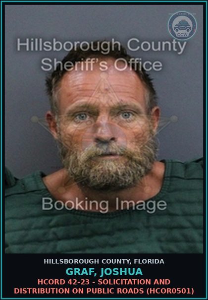 CCW arrest card for GRAF, JOSHUA in Hillsborough County: HCORD 42-23 - SOLICITATION AND DISTRIBUTION ON PUBLIC ROADS (HCOR0501)