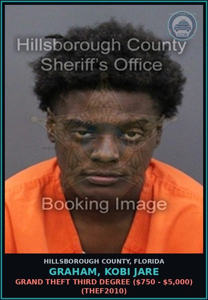 CCW arrest card for GRAHAM, KOBI JARE in Hillsborough County: GRAND THEFT THIRD DEGREE ($750 - $5,000) (THEF2010)