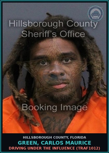 CCW arrest card for GREEN, CARLOS MAURICE in Hillsborough County: DRIVING UNDER THE INFLUENCE (TRAF1012)