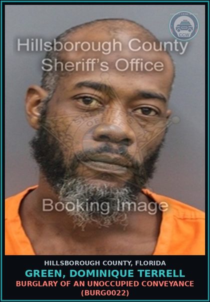 CCW arrest card for GREEN, DOMINIQUE TERRELL in Hillsborough County: BURGLARY OF AN UNOCCUPIED CONVEYANCE (BURG0022)
