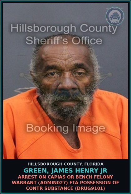 CCW arrest card for GREEN, JAMES HENRY JR in Hillsborough County: ARREST ON CAPIAS OR BENCH FELONY WARRANT (ADMIN027) FTA PETIT THEFT ($100 OR LESS) (THEF1011)