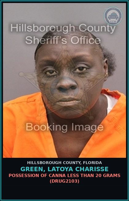 CCW arrest card for GREEN, LATOYA CHARISSE in Hillsborough County: POSSESSION OF Canna LESS THAN 20 GRAMS (DRUG2103)