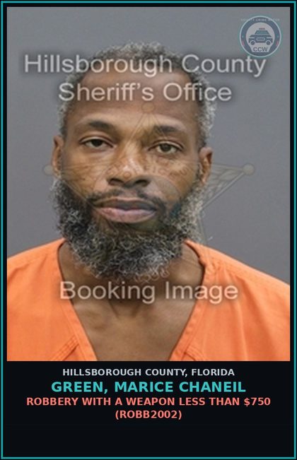 CCW arrest card for GREEN, MARICE CHANEIL in Hillsborough County: ROBBERY WITH A WEAPON LESS THAN $750 (ROBB2002)