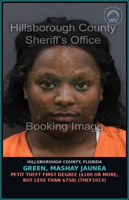 CCW arrest card for GREEN, MASHAY JAUNEA in Hillsborough County: PETIT THEFT FIRST DEGREE ($100 OR MORE, BUT LESS THAN $750) (THEF1013)