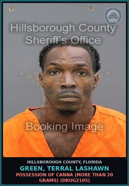 CCW arrest card for GREEN, TERRAL LASHAWN in Hillsborough County: DRIVING WITH LICENSE CANCELED, SUSPENDED, OR REVOKED (3RD OFFENSE) (TRAF6077)