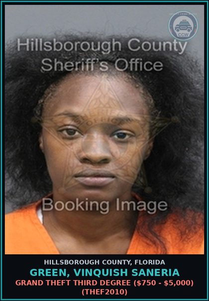 CCW arrest card for GREEN, VINQUISH SANERIA in Hillsborough County: GRAND THEFT THIRD DEGREE ($750 - $5,000) (THEF2010)