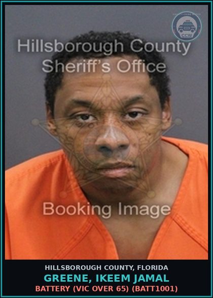 CCW arrest card for GREENE, IKEEM JAMAL in Hillsborough County: BATTERY (VICTIM OVER 65) (BATT1001)