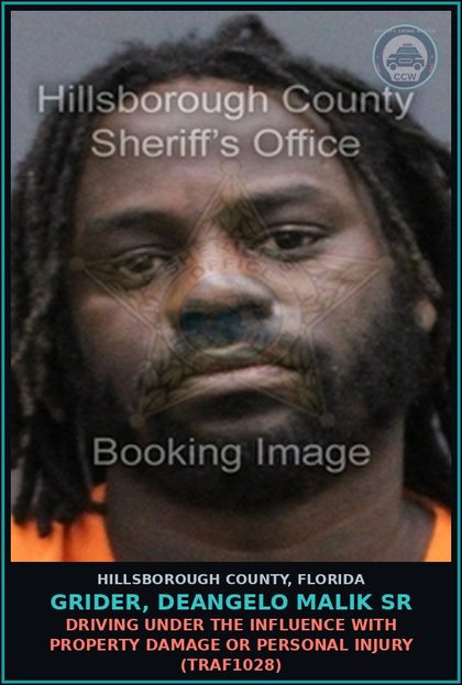 CCW arrest card for GRIDER, DEANGELO MALIK SR in Hillsborough County: DRIVING UNDER THE INFLUENCE WITH PROPERTY DAMAGE OR PERSONAL INJURY (TRAF1028)