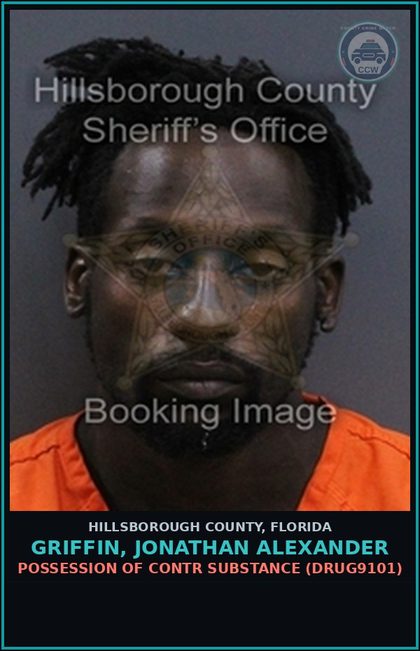 CCW arrest card for GRIFFIN, JONATHAN ALEXANDER in Hillsborough County: POSSESSION OF contr substance (DRUG9101)