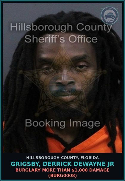 CCW arrest card for GRIGSBY, DERRICK DEWAYNE JR in Hillsborough County: PETIT THEFT (SECOND CONVICTION) (THEF1027)