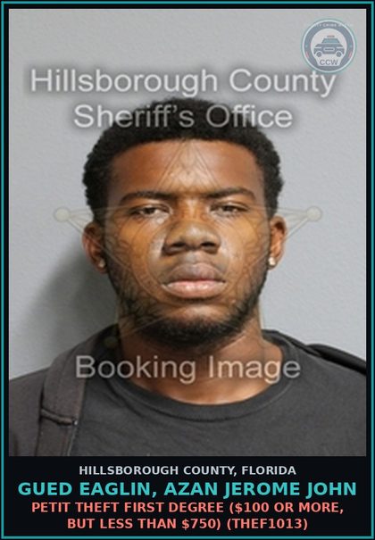 CCW arrest card for GUED EAGLIN, AZAN JEROME JOHN in Hillsborough County: PETIT THEFT FIRST DEGREE ($100 OR MORE, BUT LESS THAN $750) (THEF1013)