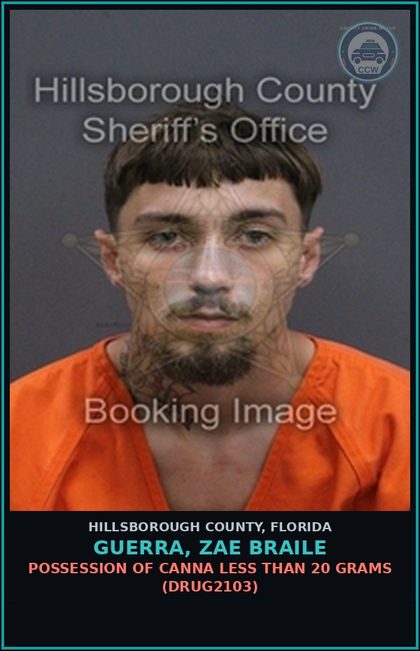 CCW arrest card for GUERRA, ZAE BRAILE in Hillsborough County: UNLAWFUL RACING ON HIGHWAY (TRAF1064)