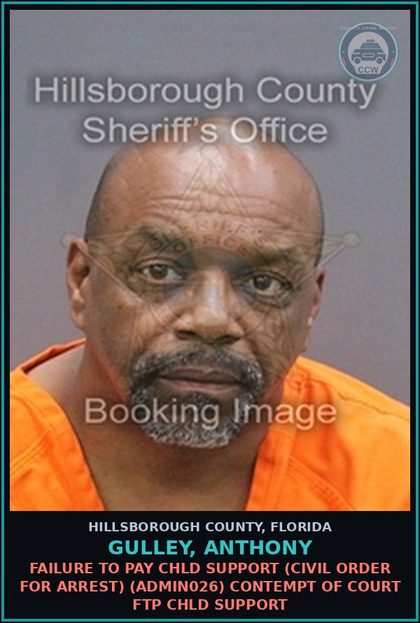 CCW arrest card for GULLEY, ANTHONY in Hillsborough County: FAILURE TO PAY chld SUPPORT (CIVIL ORDER FOR ARREST) (ADMIN026) CONTEMPT OF COURT FTP chld SUPPORT