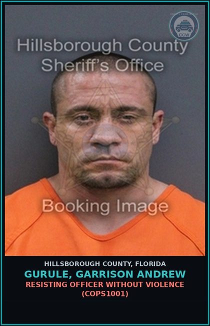 CCW arrest card for GURULE, GARRISON ANDREW in Hillsborough County: RESISTING OFFICER WITHOUT VIOLENCE (COPS1001)