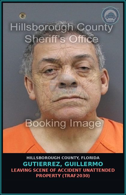 CCW arrest card for GUTIERREZ, GUILLERMO in Hillsborough County: LEAVING SCENE OF ACCIDENT UNATTENDED PROPERTY (TRAF2030)