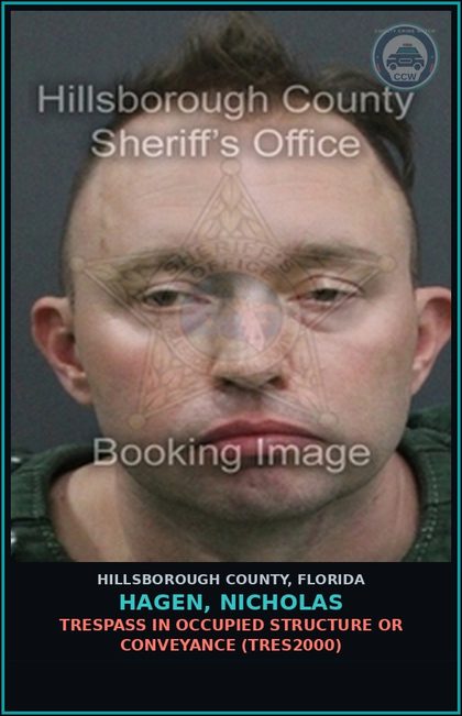 CCW arrest card for HAGEN, NICHOLAS in Hillsborough County: TRESPASS IN OCCUPIED STRUCTURE OR CONVEYANCE (TRES2000)