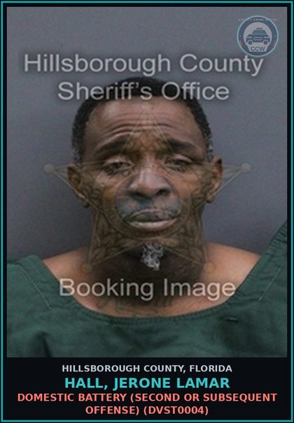 CCW arrest card for HALL, JERONE LAMAR in Hillsborough County: DOMESTIC BATTERY (SECOND OR SUBSEQUENT OFFENSE) (DVST0004)