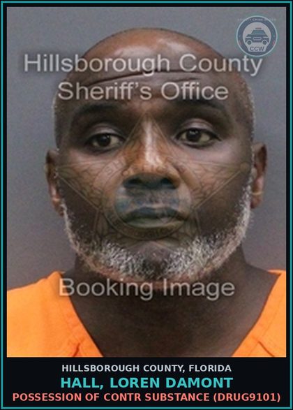 CCW arrest card for HALL, LOREN DAMONT in Hillsborough County: POSSESSION OF contr substance (DRUG9101)