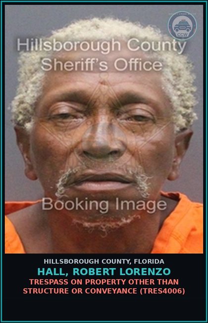 CCW arrest card for HALL, ROBERT LORENZO in Hillsborough County: TRESPASS ON PROPERTY OTHER THAN STRUCTURE OR CONVEYANCE (TRES4006)
