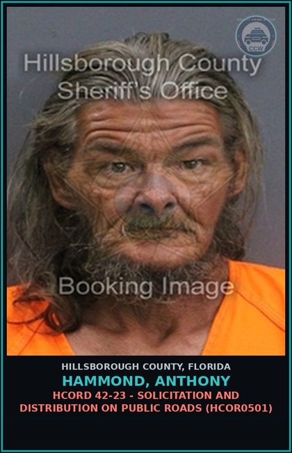 CCW arrest card for HAMMOND, ANTHONY in Hillsborough County: HCORD 42-23 - SOLICITATION AND DISTRIBUTION ON PUBLIC ROADS (HCOR0501)