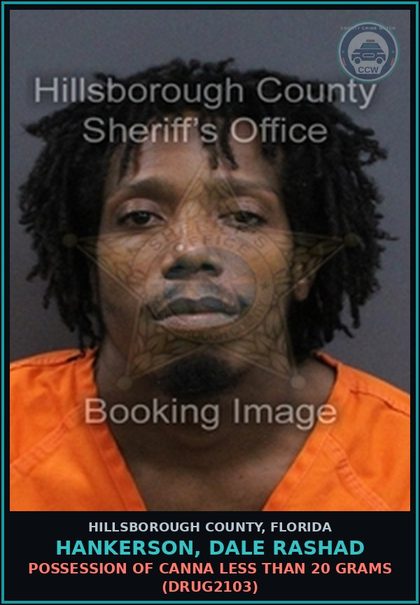 CCW arrest card for HANKERSON, DALE RASHAD in Hillsborough County: POSSESSION OF Canna LESS THAN 20 GRAMS (DRUG2103)