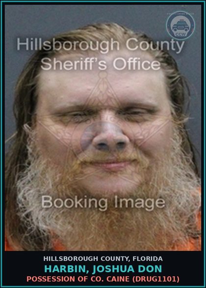 CCW arrest card for HARBIN, JOSHUA DON in Hillsborough County: POSSESSION OF COCAINE (DRUG1101)