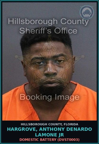 CCW arrest card for HARGROVE, ANTHONY DENARDO LAMONE JR in Hillsborough County: DOMESTIC BATTERY (DVST0003)