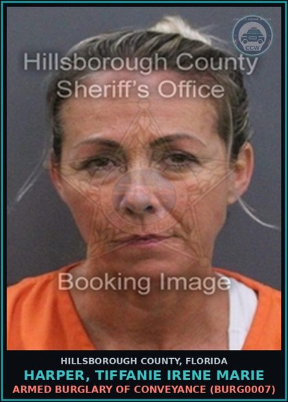 CCW arrest card for HARPER, TIFFANIE IRENE MARIE in Hillsborough County: ARMED BURGLARY OF CONVEYANCE (BURG0007)