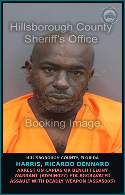 CCW arrest card for HARRIS, RICARDO DENNARD in Hillsborough County: ARREST ON CAPIAS OR BENCH FELONY WARRANT (ADMIN027) FTA AGGRAVATED ASSAULT WITH DEADLY WEAPON (ASSA5005)
