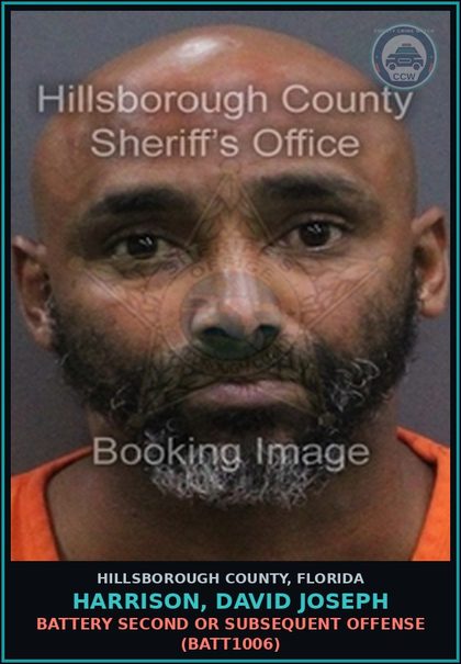 CCW arrest card for HARRISON, DAVID JOSEPH in Hillsborough County: BATTERY SECOND OR SUBSEQUENT OFFENSE (BATT1006)