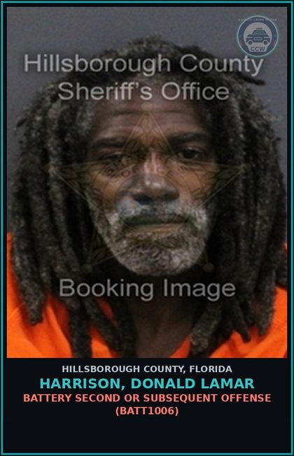CCW arrest card for HARRISON, DONALD LAMAR in Hillsborough County: BATTERY SECOND OR SUBSEQUENT OFFENSE (BATT1006)
