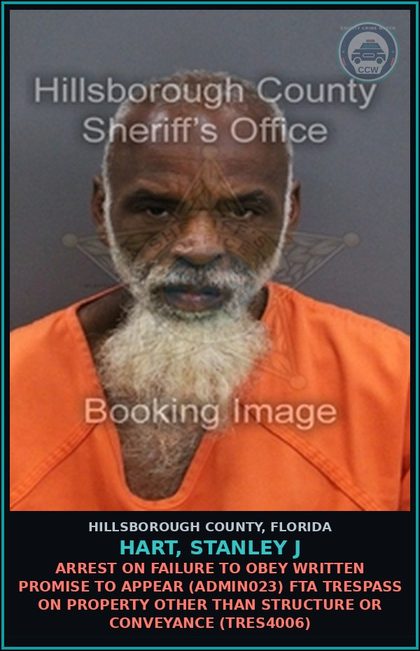 CCW arrest card for HART, STANLEY J in Hillsborough County: ARREST ON FAILURE TO OBEY WRITTEN PROMISE TO APPEAR (ADMIN023) FTA TRESPASS ON PROPERTY OTHER THAN STRUCTURE OR CONVEYANCE (TRES4006)