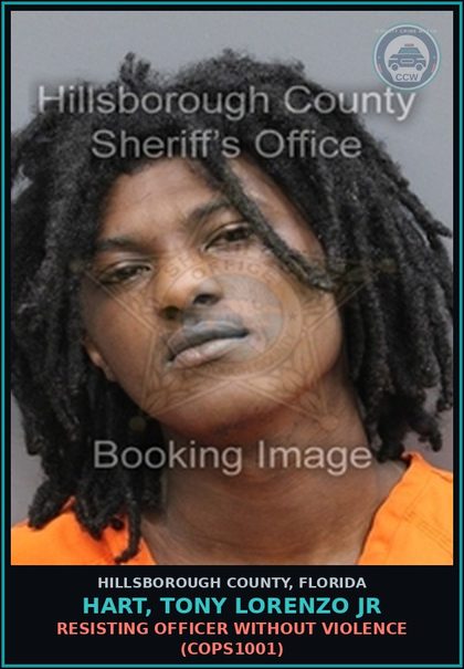 CCW arrest card for HART, TONY LORENZO JR in Hillsborough County: RESISTING OFFICER WITHOUT VIOLENCE (COPS1001)