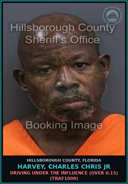 CCW arrest card for HARVEY, CHARLES CHRIS JR in Hillsborough County: DRIVING UNDER THE INFLUENCE (OVER 0.15) (TRAF1009)