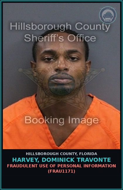CCW arrest card for HARVEY, DOMINICK TRAVONTE in Hillsborough County: FRAUDULENT USE OF PERSONAL INFORMATION (FRAU1171)