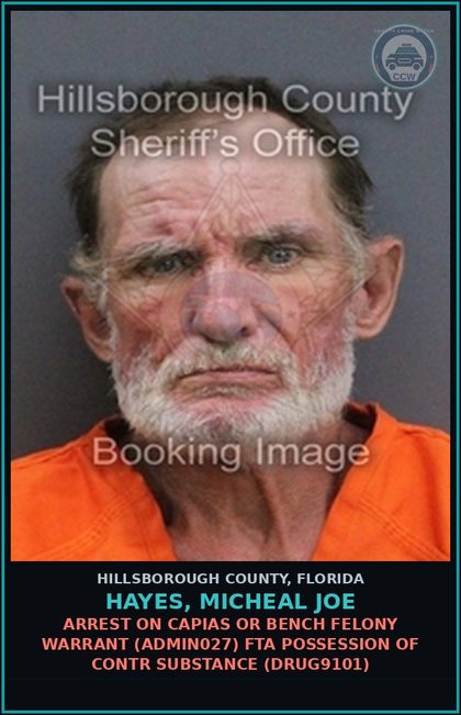 CCW arrest card for HAYES, MICHEAL JOE in Hillsborough County: ARREST ON CAPIAS OR BENCH FELONY WARRANT (ADMIN027) FTA POSSESSION OF contr substance (DRUG9101)