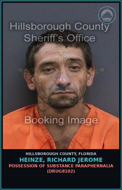 CCW arrest card for HEINZE, RICHARD JEROME in Hillsborough County: POSSESSION OF DRUG PARAPHERNALIA (DRUG8102)